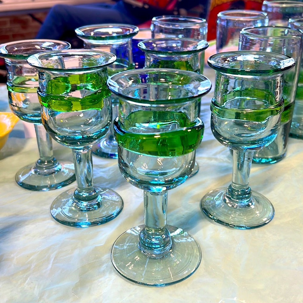 Mexican glass bar ware handmade of recycled glass set of 6 pre owned